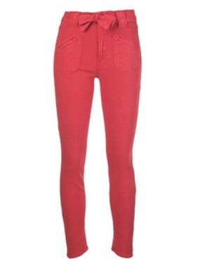 MOTHER Coral Red High-Waist Skinny Jeans with Tie Belt